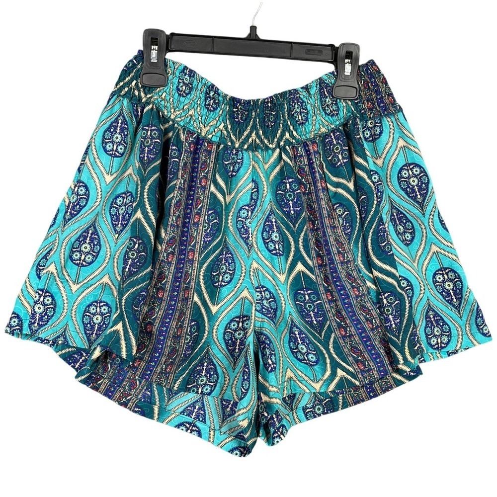 Earthbound‎ Trading Shorts Size L Teal Blue Smocked Waist Boho Festival Peacock